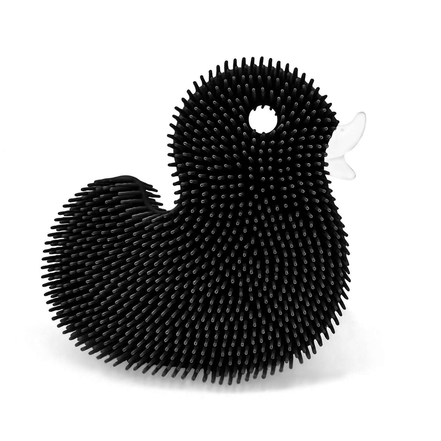 Squigee Duck silicone baby bath toy by New People, colorful soft body scrub with a friendly duck design for infant bath time.