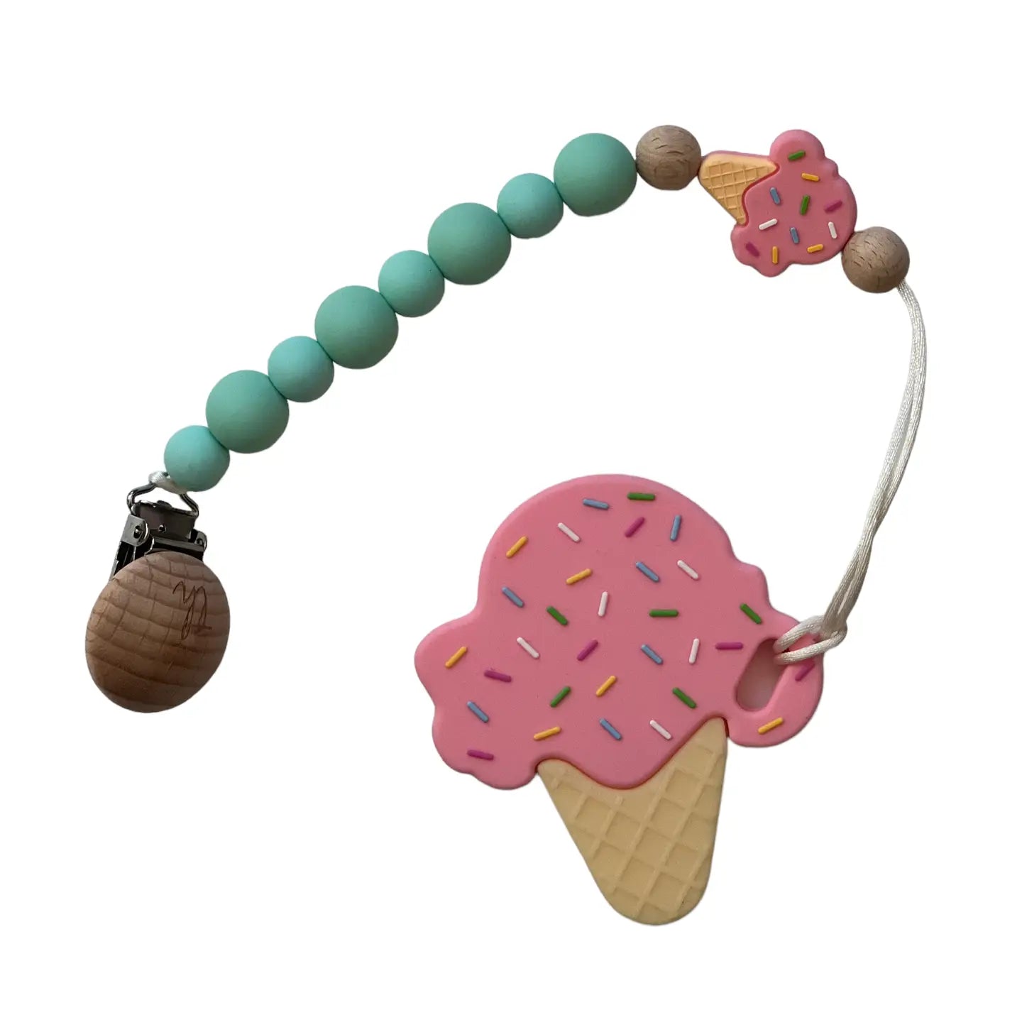 Three Hearts teether and clip set featuring soft silicone teether with colorful beads attached to a fabric clip for babies.