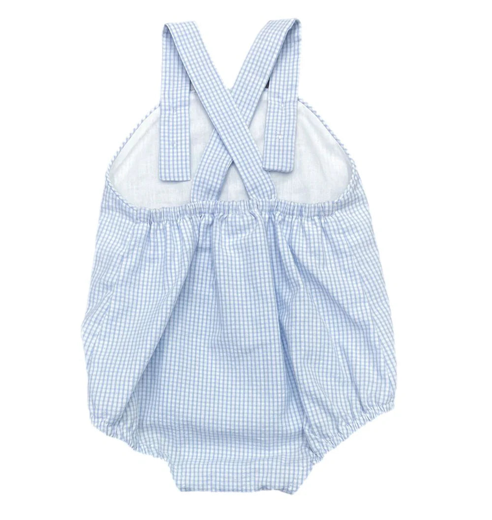 Mini Blue Seersucker Louie Bubble by James & Lottie with ruffled straps and a playful seersucker fabric for baby girls.