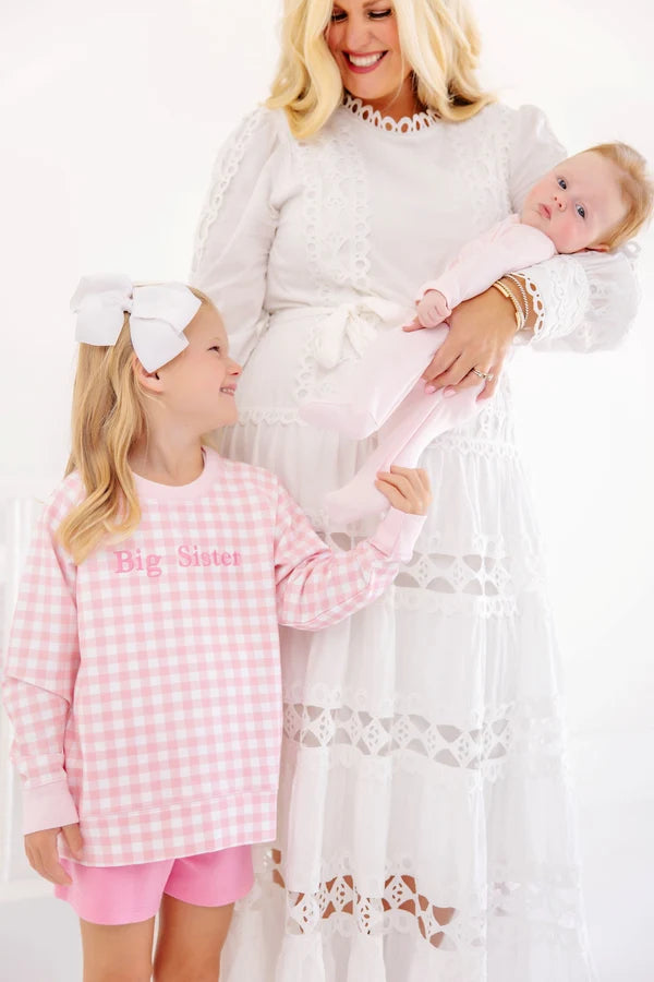 Palm Beach Pink Gingham with Hamptons Hot Pink Big Sister Cassidy Comfy Crewneck