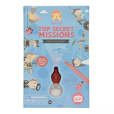 Detective Top Secret Missions game by Tiger Tribe featuring secret codes, magnifying glass, and detective accessories for kids.