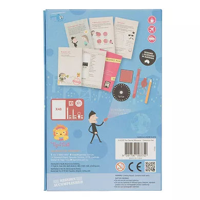 Detective Top Secret Missions game by Tiger Tribe featuring spy-themed game pieces and secret mission cards on a colorful background.