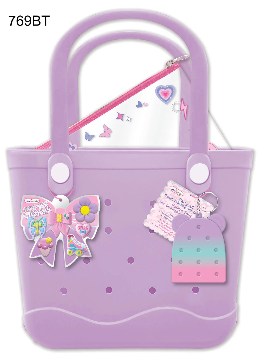 Hot Focus Bowtiful Carry All Beach Tote Bag with charms, showing a stylish tote with colorful decorative charms on a white background.