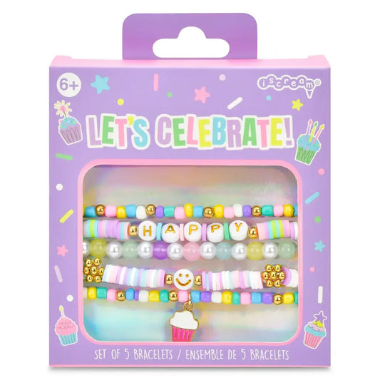 Set of colorful Let's Celebrate bracelet set by Iscream featuring fun, festive beaded and charm bracelets for kids.