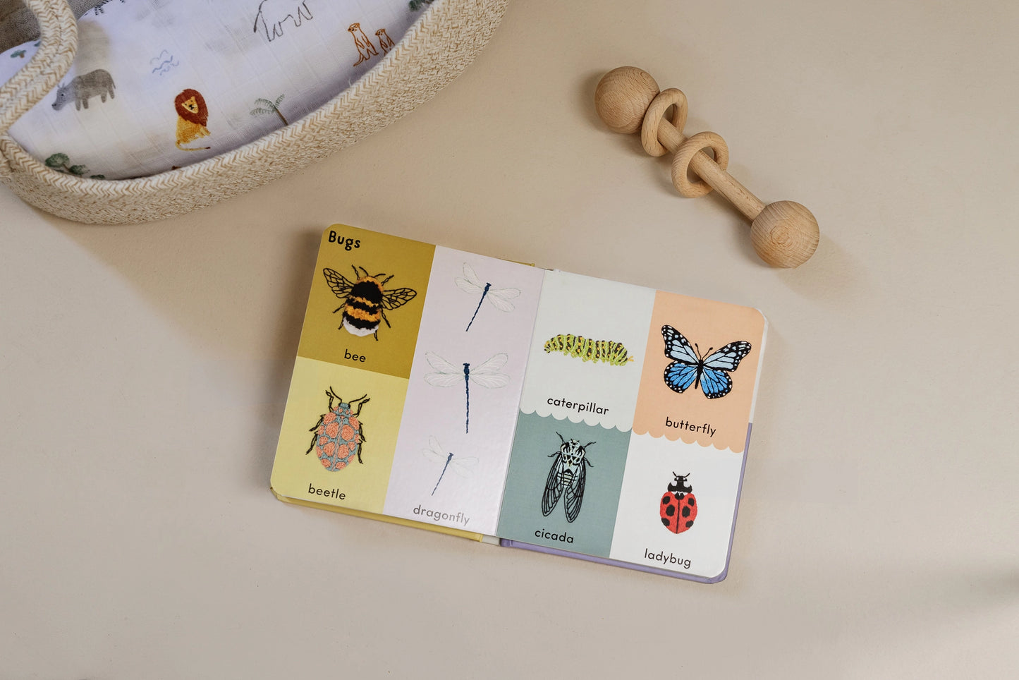 First Words embroidered plush toy with cute animal friends, soft fabric and colorful design for young children.