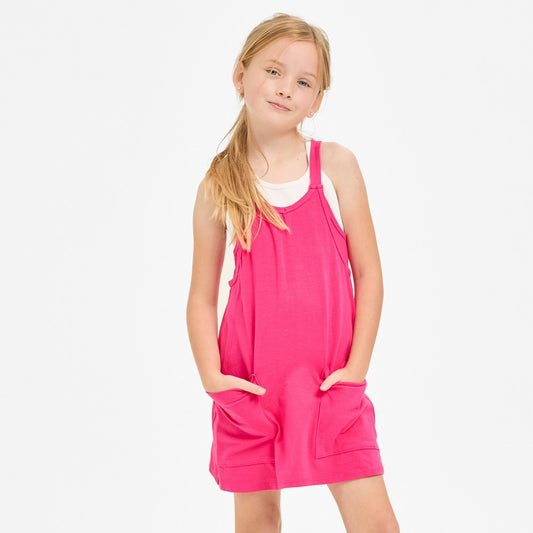 Hot pink romper dress by Good Girl with sleeveless design and fitted waist, perfect for summer or casual outings.