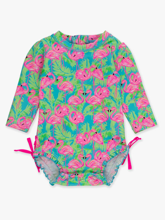 Neon Flamingo Fun Long Sleeve One Piece Rash Guard Swimsuit