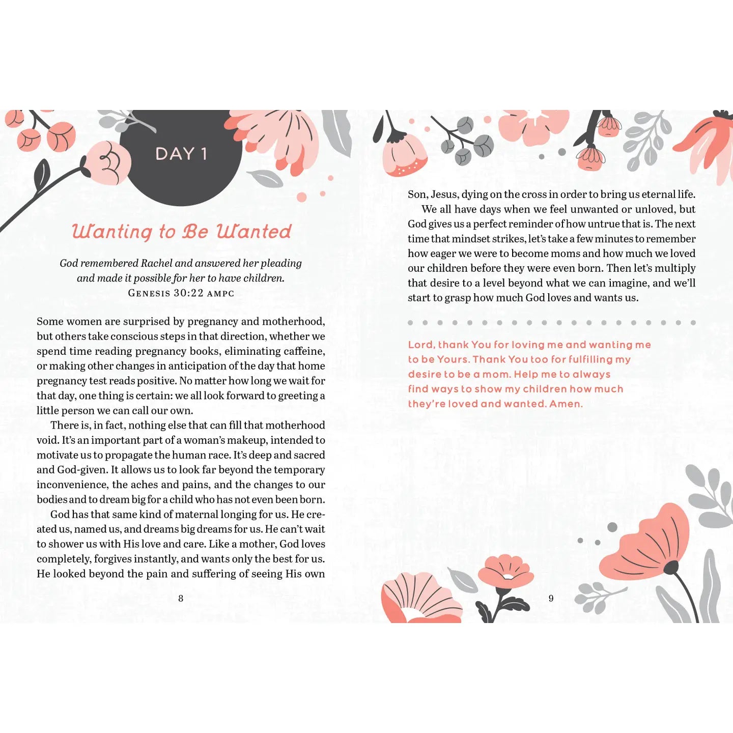 Open copy of The 100-Day Devotional For Moms by Barbour Publishing showing daily devotional pages on a white background.