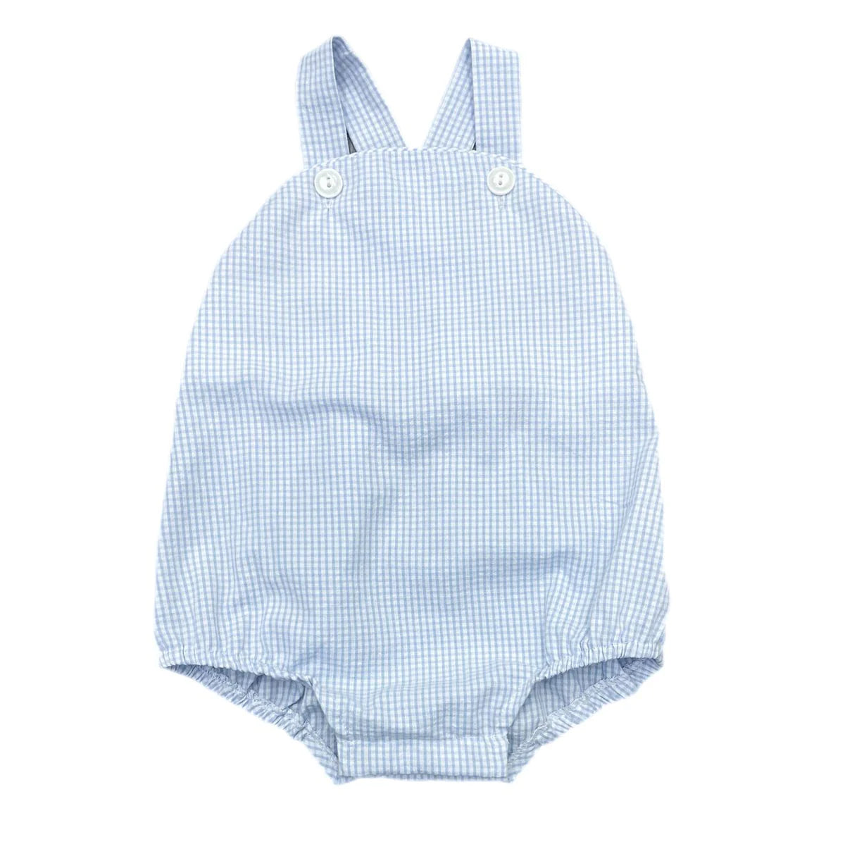 Baby girl wearing James & Lottie Mini Blue Seersucker Louie Bubble with ruffled straps and seersucker fabric, front view.