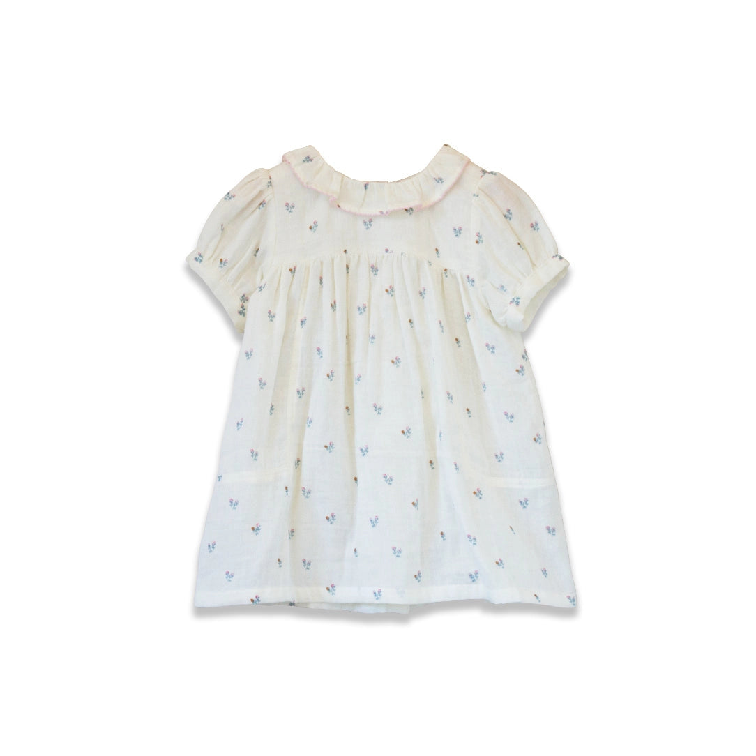 Beet World Petit Floret Toddler Emily Dress with lace trim, pink fabric, and floral pattern for young girls.