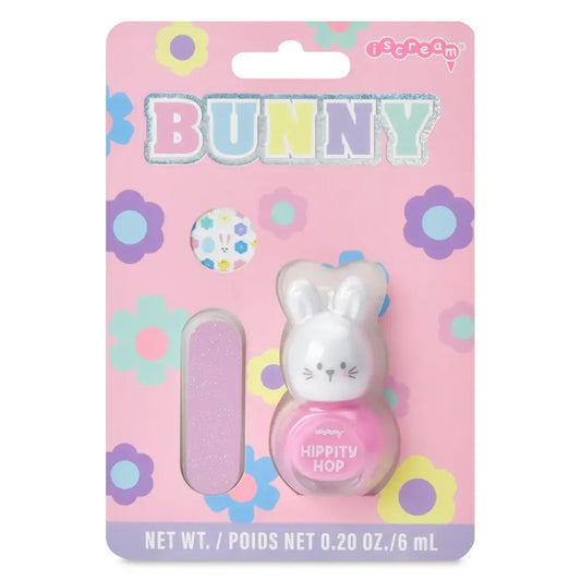 Iscream Bunny Nail Polish Set featuring pastel-colored bottles with bunny-themed labels for fun, creative nail art.