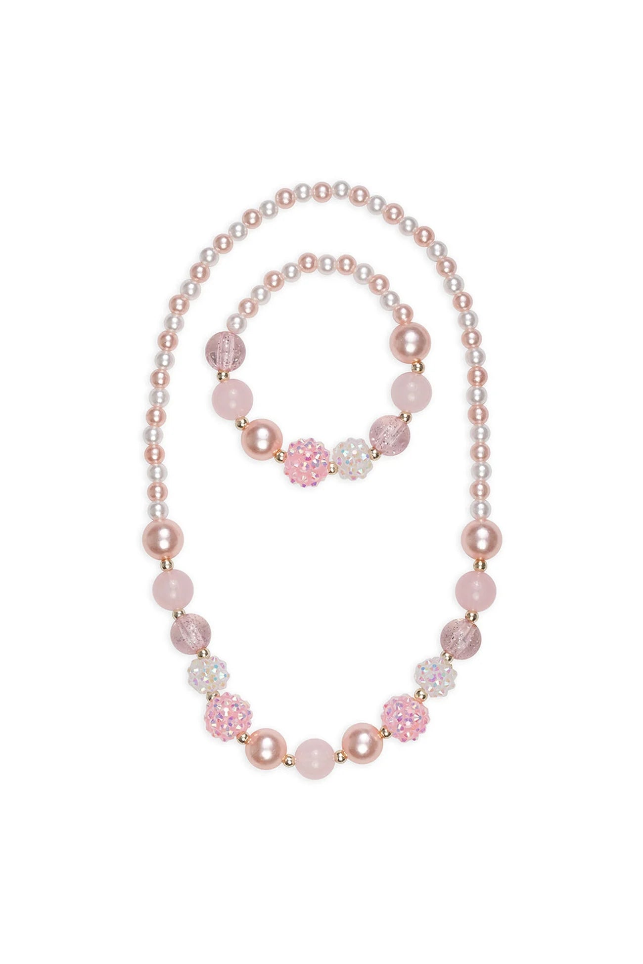 Pinky pearl necklace and bracelet set by Great Pretenders featuring matching pink faux pearls and elegant jewelry design.