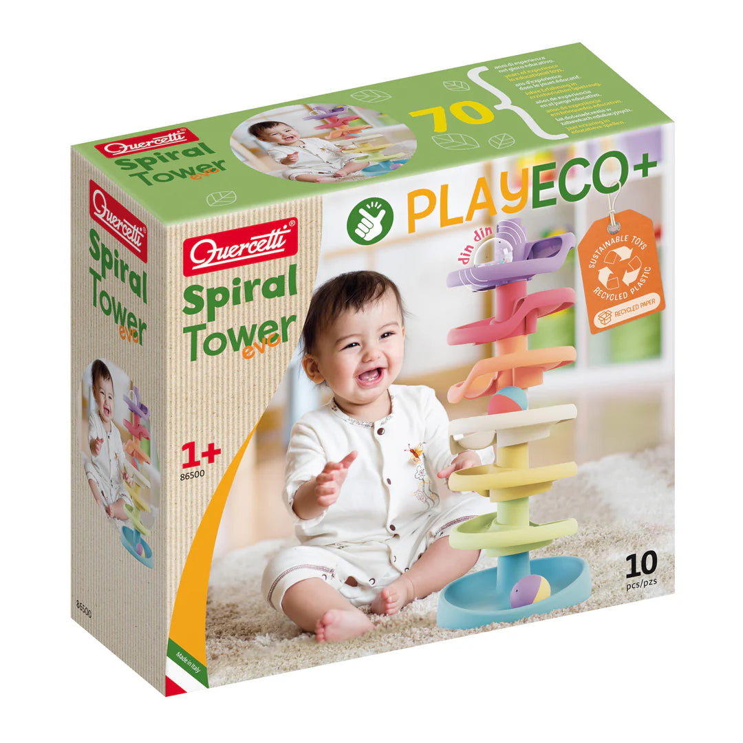 Colorful Quercetti Spiral Tower Toy with interconnected plastic spirals and ball tracks for engaging play and motor skill development.