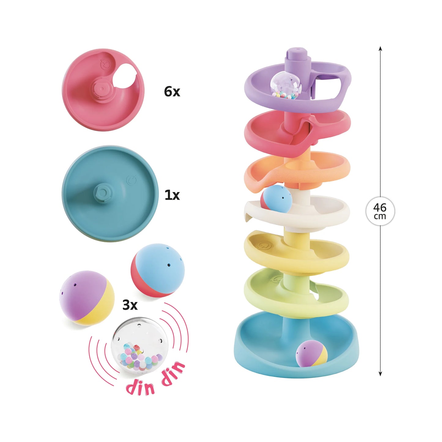 Colorful Quercetti Spiral Tower Toy with interconnected spirals and balls for stacking and playing.