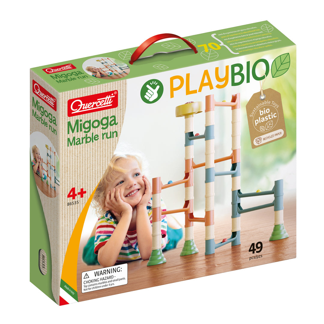 Quercetti Migoga Marble Run toy with colorful plastic tracks and marble rolling down a vibrant construction set.