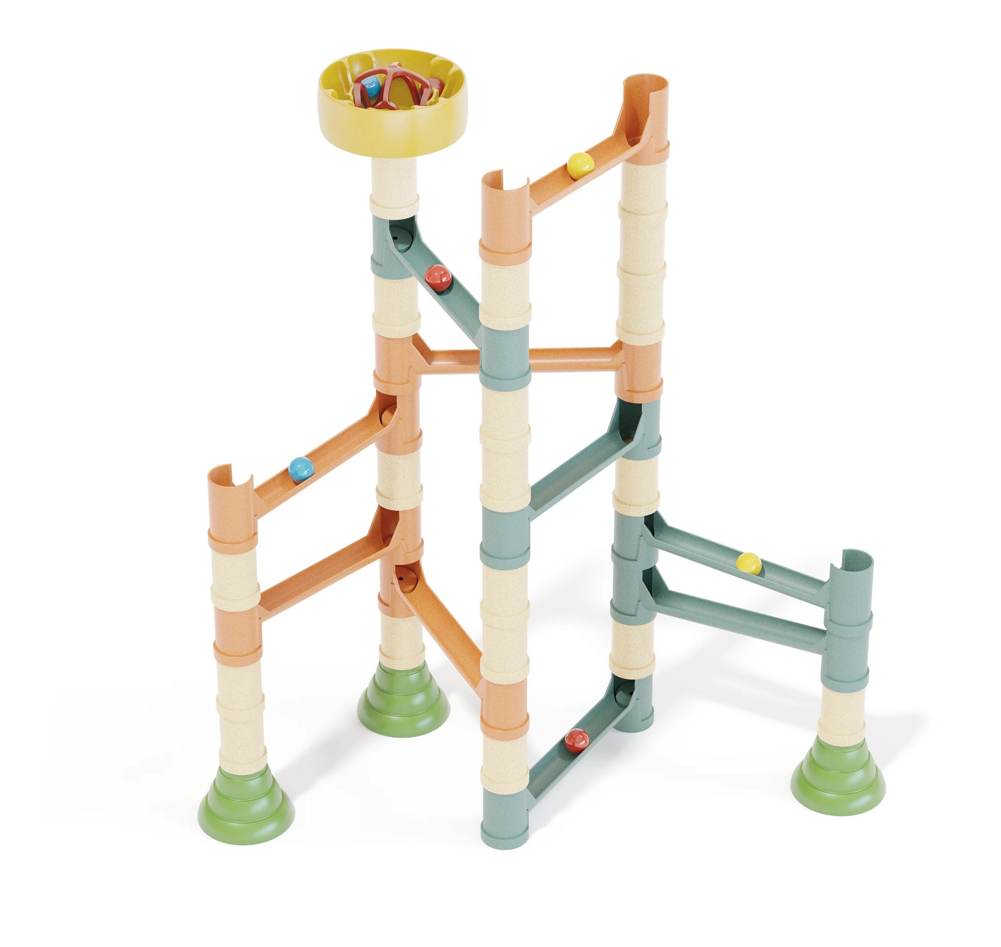 Colorful Migoga Marble Run by Quercetti with interconnected plastic tracks and marbles in motion on a white background.