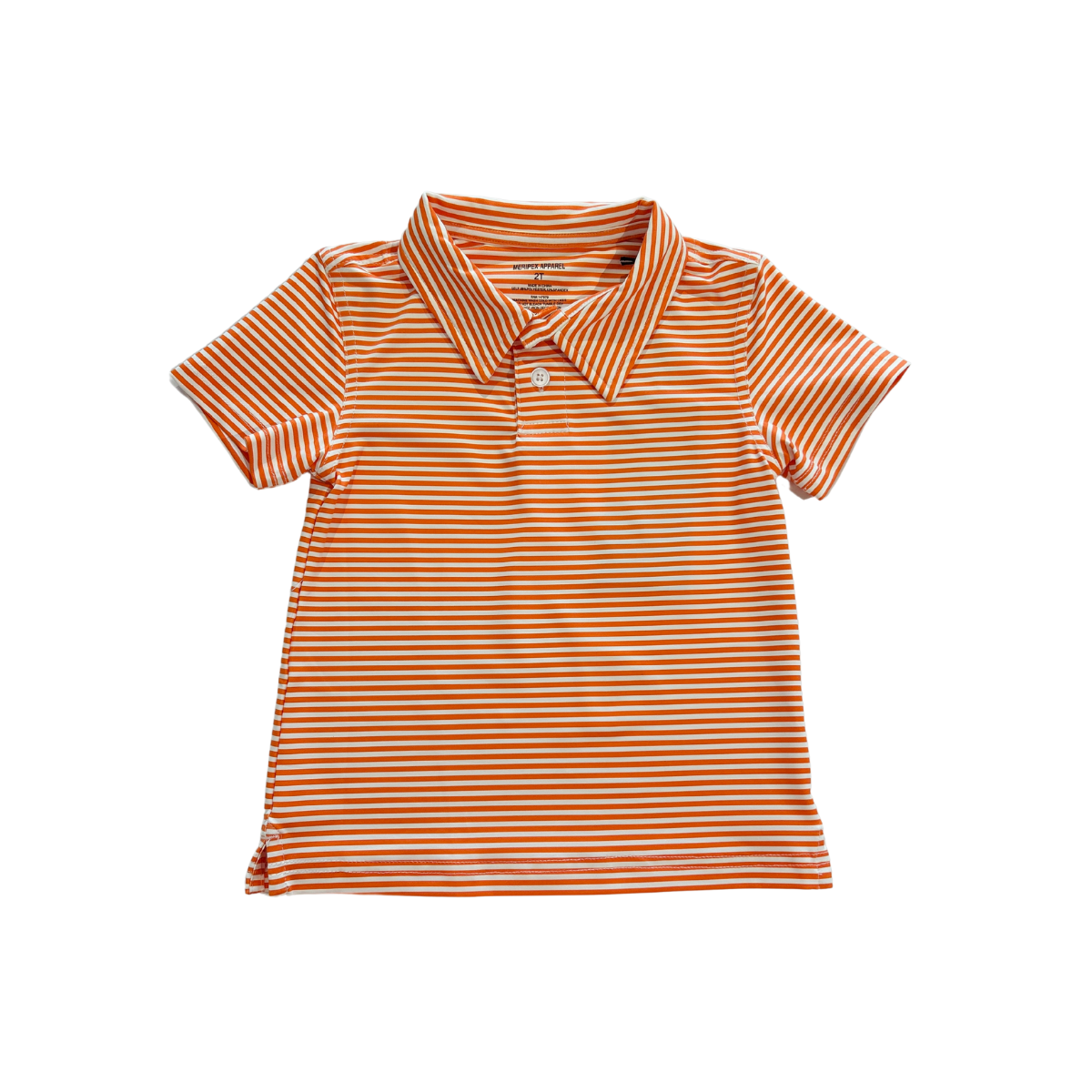 Orange and white striped polo shirt for children by Meripex, featuring a classic collar and short sleeves.