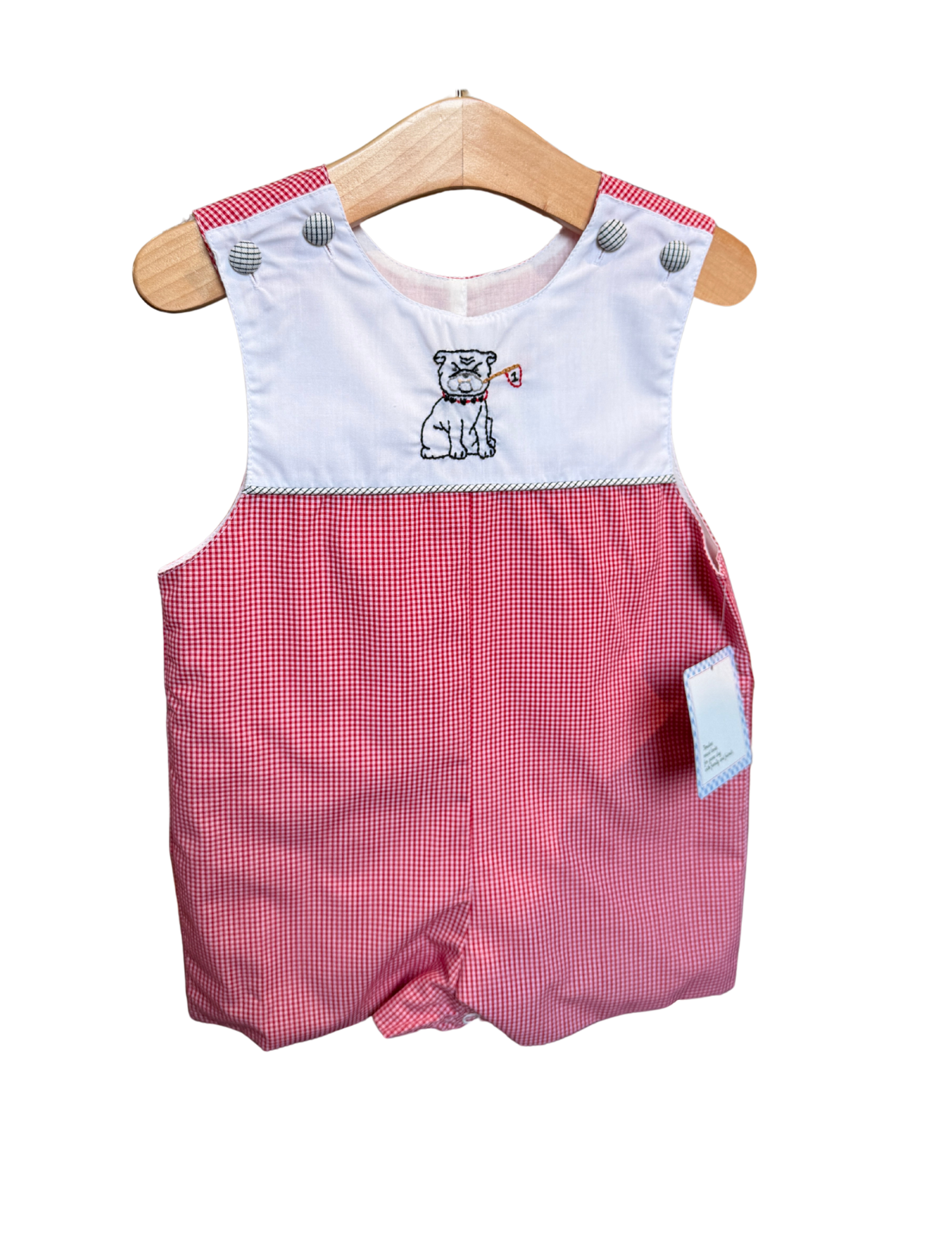 Red and white gingham bulldog embroidered shortall for babies, featuring adorable embroidery and comfortable fabric from Remember Nguyen.