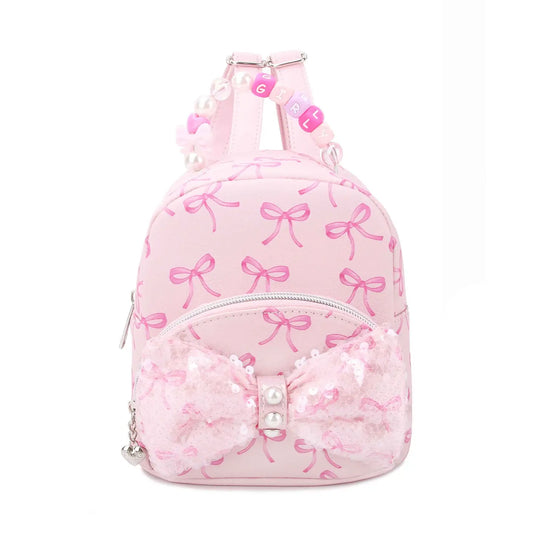 Sequin bow printed micro mini backpack with beaded top from OMG Accessories, featuring colorful sequins and decorative beads.