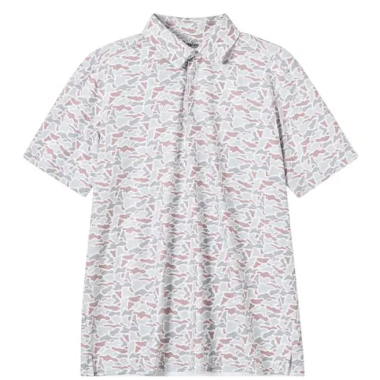 Meripex Whitetail Camo Polo shirt with camouflage pattern and classic collar, displayed on a mannequin.