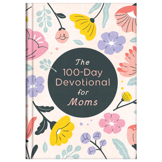 Open devotional book titled "The 100-Day Devotional For Moms" by Barbour Publishing, Inc., showing daily pages and inspirational content.