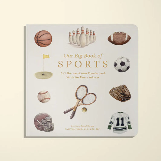 Colorful pages from Our Big Book of Sports board book by Paige Tate & Co., featuring sports illustrations for young children.
