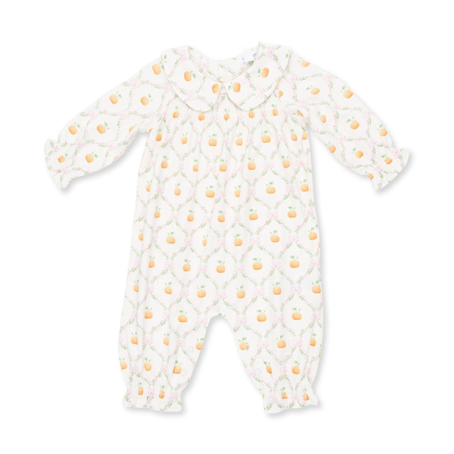 Angel Dear Pretty Pumpkin Trellis smocked long sleeve romper for babies, featuring a charming pumpkin trellis pattern and soft fabric.
