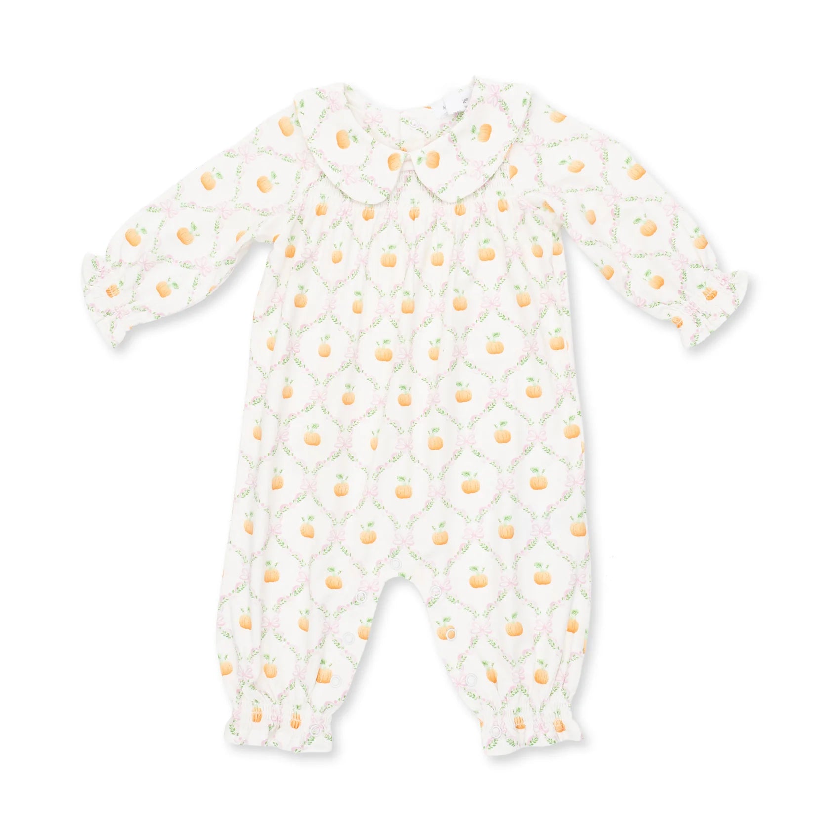 Angel Dear Pretty Pumpkin Trellis smocked long sleeve romper for babies, featuring a charming pumpkin trellis pattern and soft fabric.
