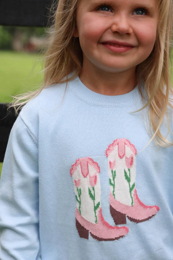 Buckhead Blue Isabel's Intarsia Sweater by The Beaufort Bonnet Company, featuring a cozy knit design and vibrant blue color.