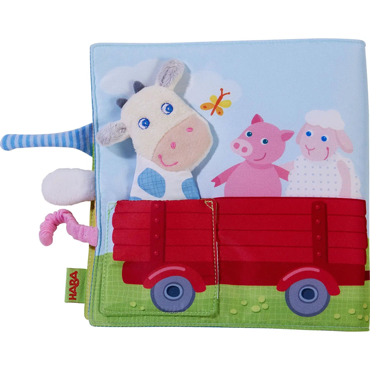 Haba USA - Farm Soft Book w/ Cow Puppet - Interactive Fabric Baby Book