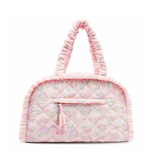 Pink quilted floral printed medium duffle bag by OMG Accessories with zipper closure and shoulder strap.