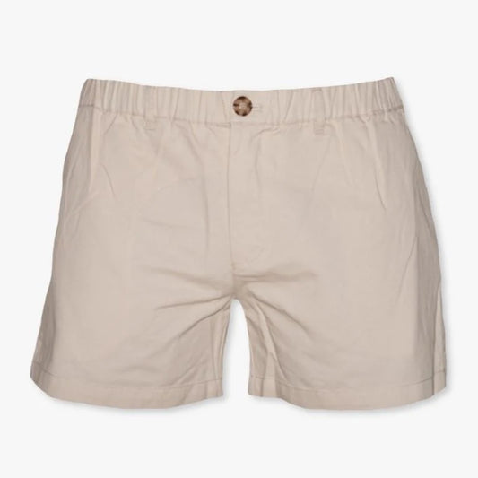 Meripex Stone Khaki Shorts front view showing casual fit and adjustable waistband in soft khaki fabric.