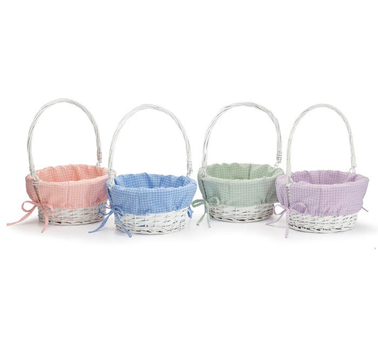 White Willow Easter Basket with fabric liner from Sweet E's Children's Boutique, featuring a woven basket and colorful fabric interior.