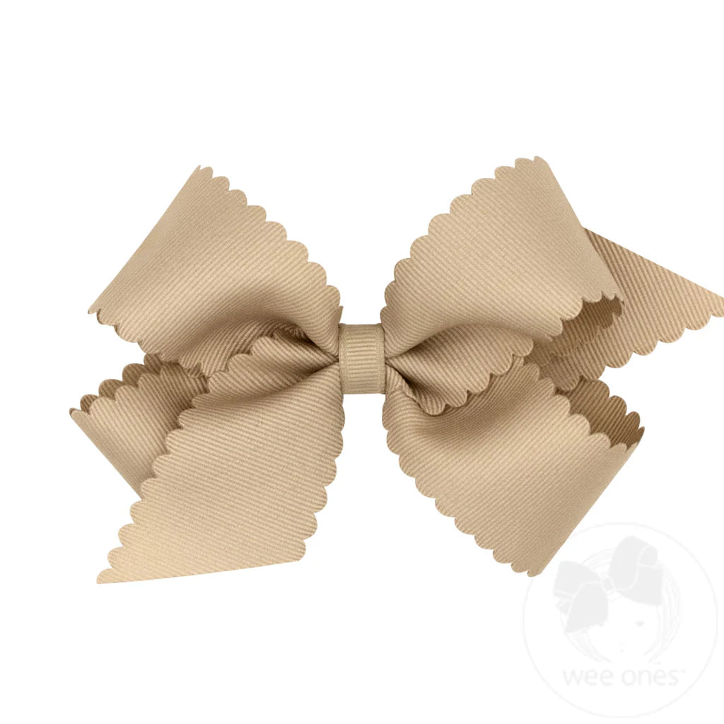 Medium grosgrain hair bow with scalloped edge from wee ones, featuring a soft oat color and elegant design for children's hair accessories.