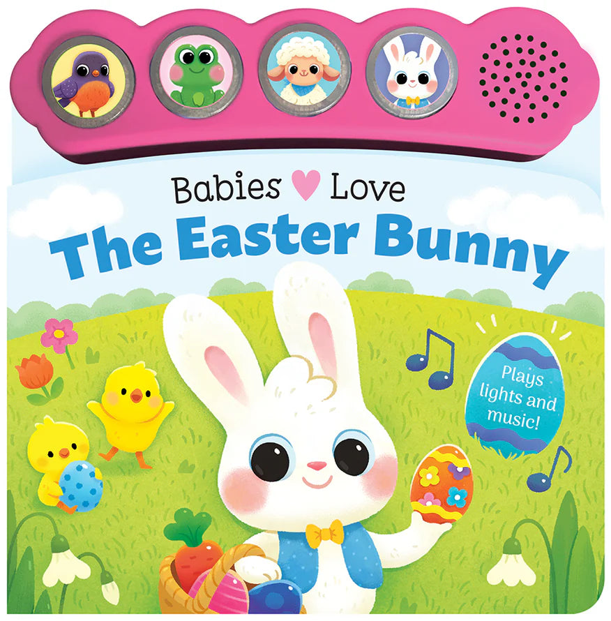 Baby reading "Babies Love the Easter Bunny" light-up sound book by Cottage Door Press, featuring colorful illustrations and four buttons.