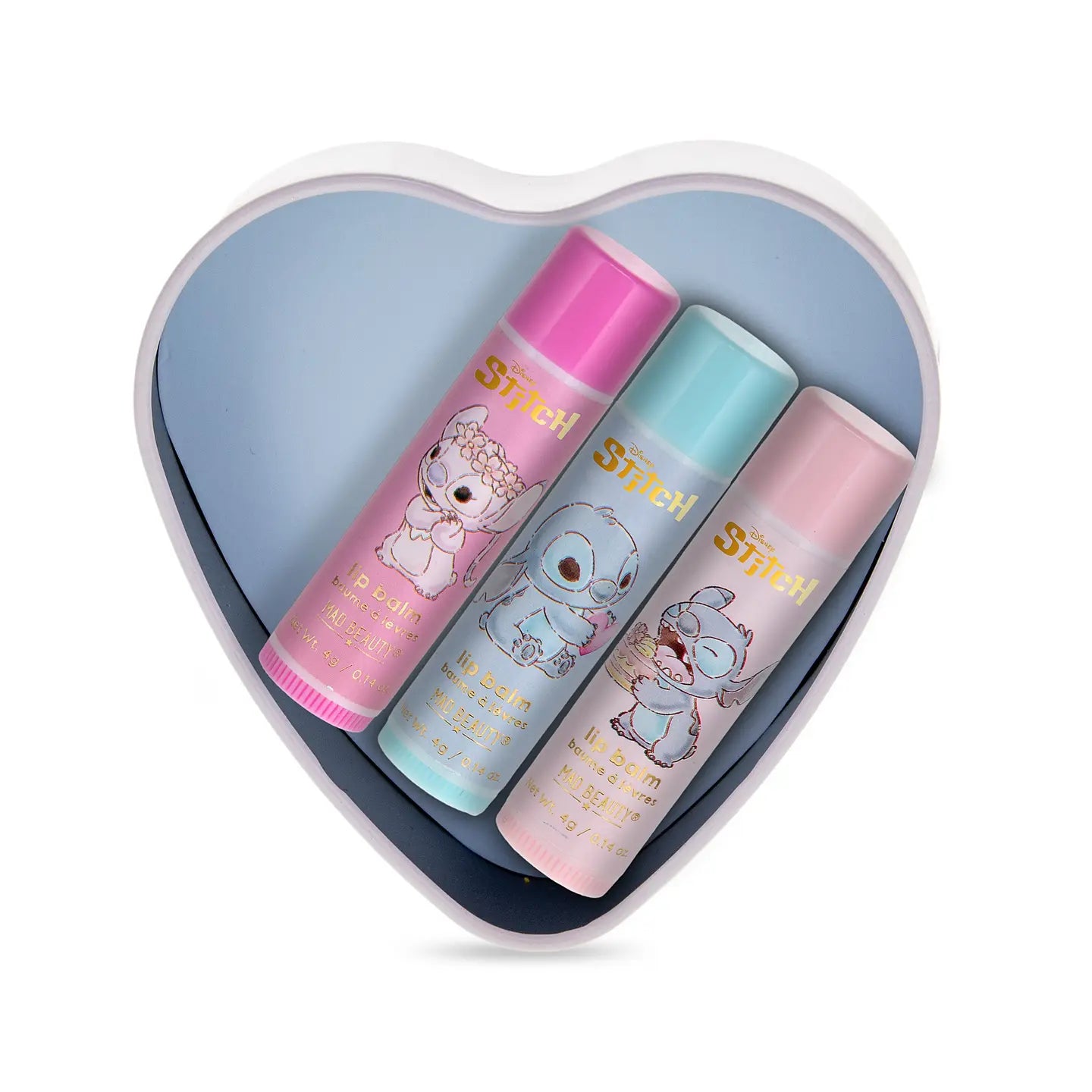 Mad Beauty I Heart Stitch lip balm in a cute, colorful container showing the stitched character design on the lid.