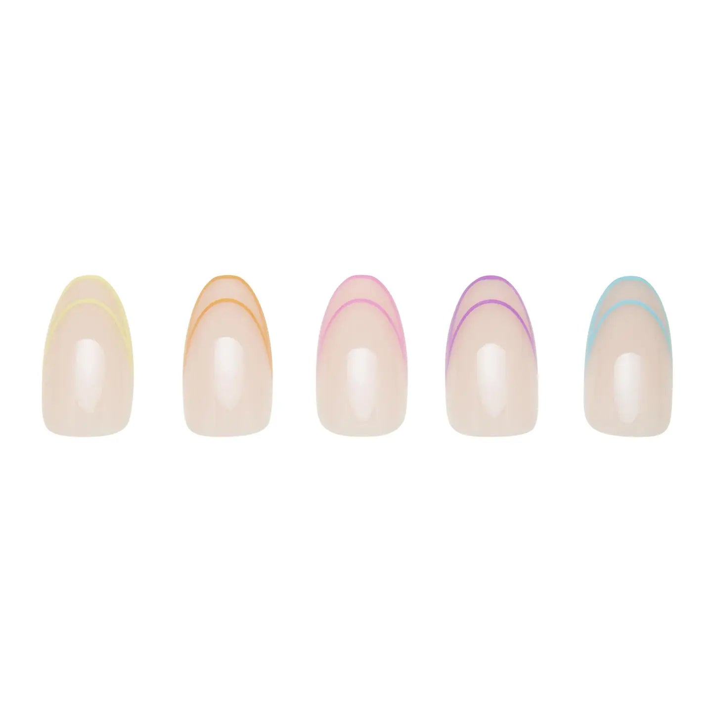 Glamnetic neon lights press-on nails in short oval shape with multicolor French design, showcasing vibrant, trendy nail art.