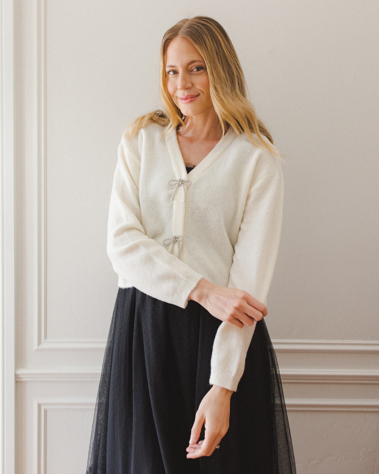 Women's Ivory Bow Cardigan