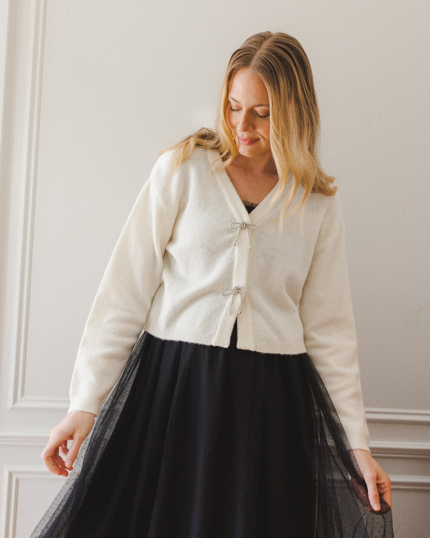 Women's Ivory Bow Cardigan