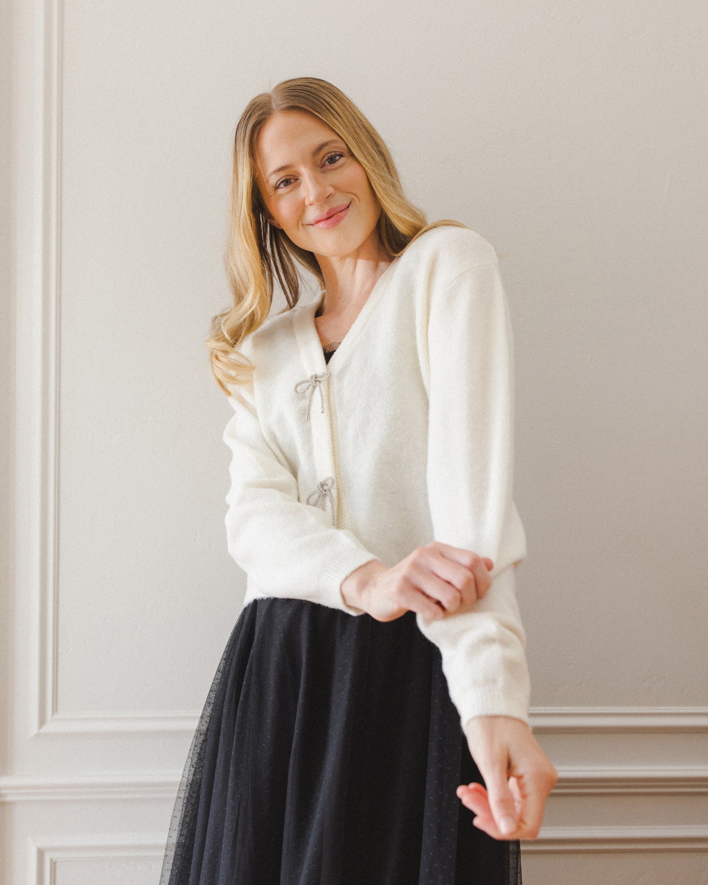 Women's Ivory Bow Cardigan