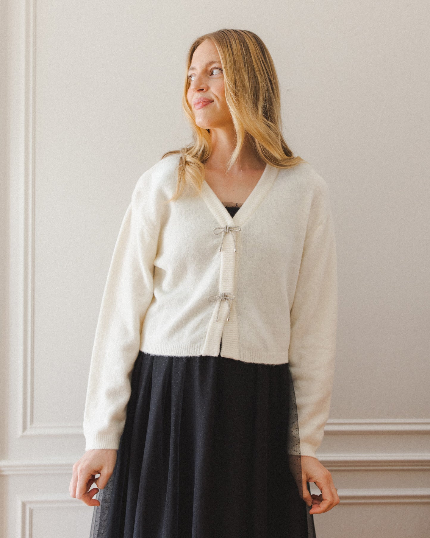 Women's Ivory Bow Cardigan