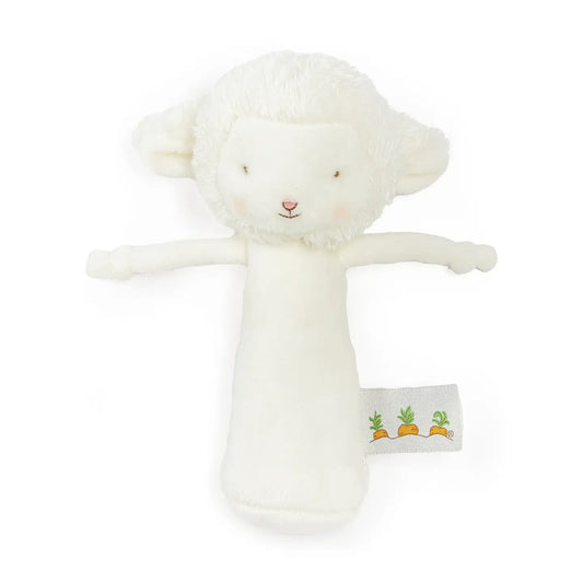 White Lamb Friendly Chime Rattle by Bunnies By the Bay, soft plush toy with a gentle chime and friendly lamb design for babies.