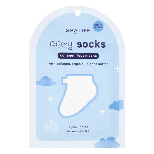 My Spa Life collagen spa foot mask applied to feet, showing the moisturizing treatment in a clear, close-up view.
