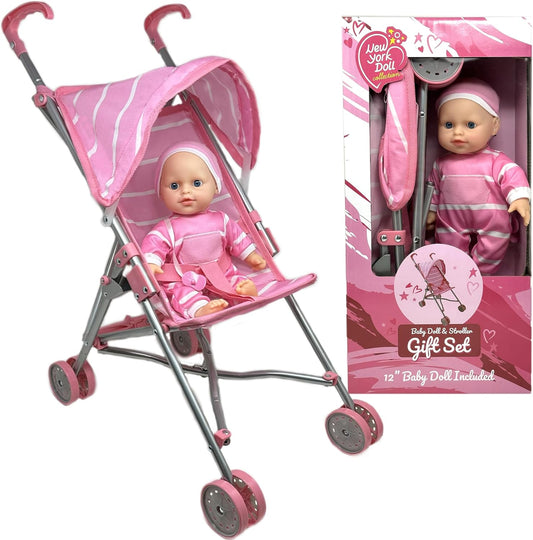 Pink and white striped single doll stroller from New York Doll Collection, perfect for doll accessories and play.