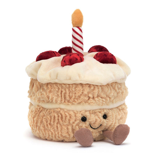 Soft plush Jellycat Amuseables Birthday Cake toy with colorful details and a cheerful, festive design.