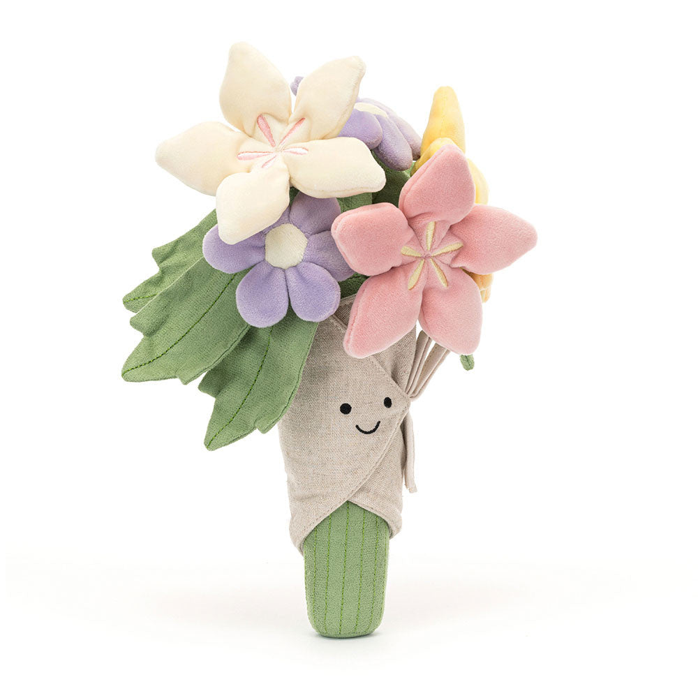 Jellycat Amuseables bouquet of plush flowers with colorful, soft fabric blooms and green leaves, perfect for gifting or home decor.