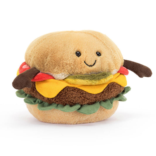 Soft plush Jellycat Amuseables Burger toy with detailed burger bun, lettuce, cheese, and patty design, perfect for cuddling.