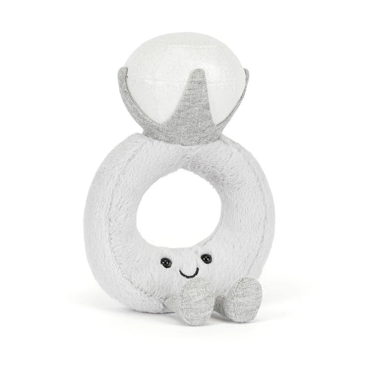 Jellycat Amuseables diamond ring with shiny silver band and sparkling gemstone, displayed on a white background