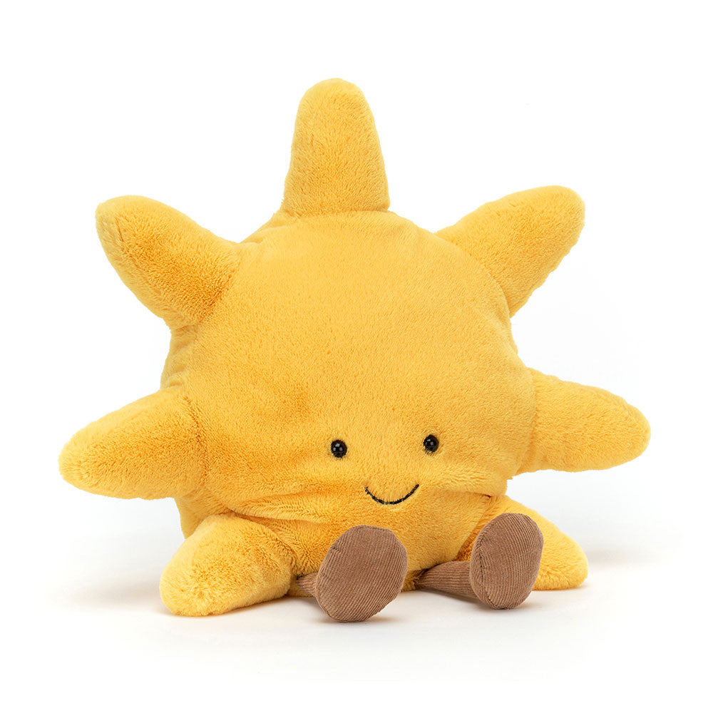 Jellycat Amuseables Sun plush toy with bright yellow fabric and smiling face, featuring soft, cuddly material for children.