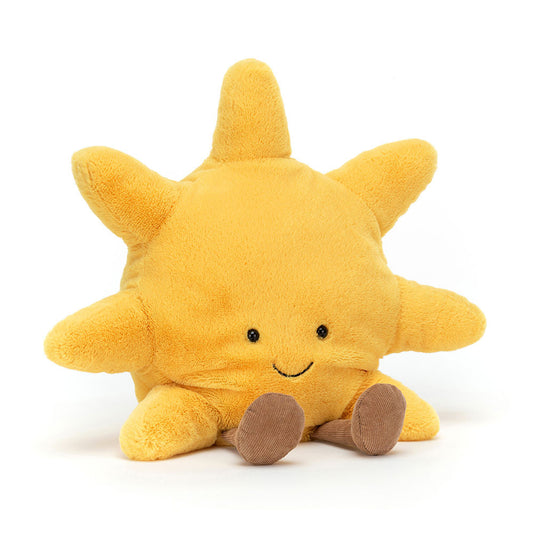 Jellycat Amuseables Sun plush toy with bright yellow body, smiling face, and soft, cuddly texture, perfect for kids.